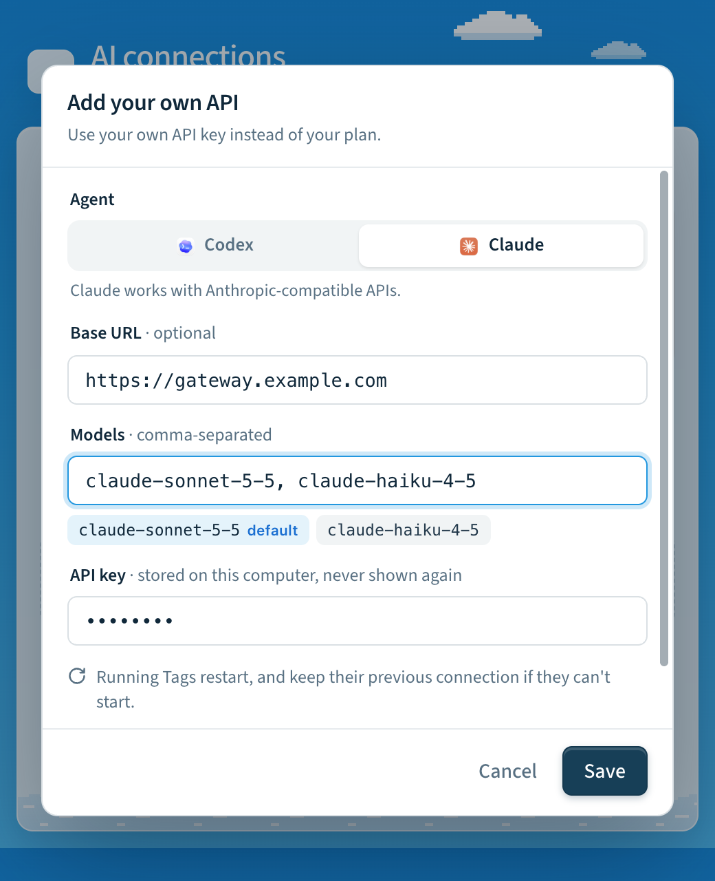 The Add your own API form: Codex or Claude, a base URL, models, and a write-only API key