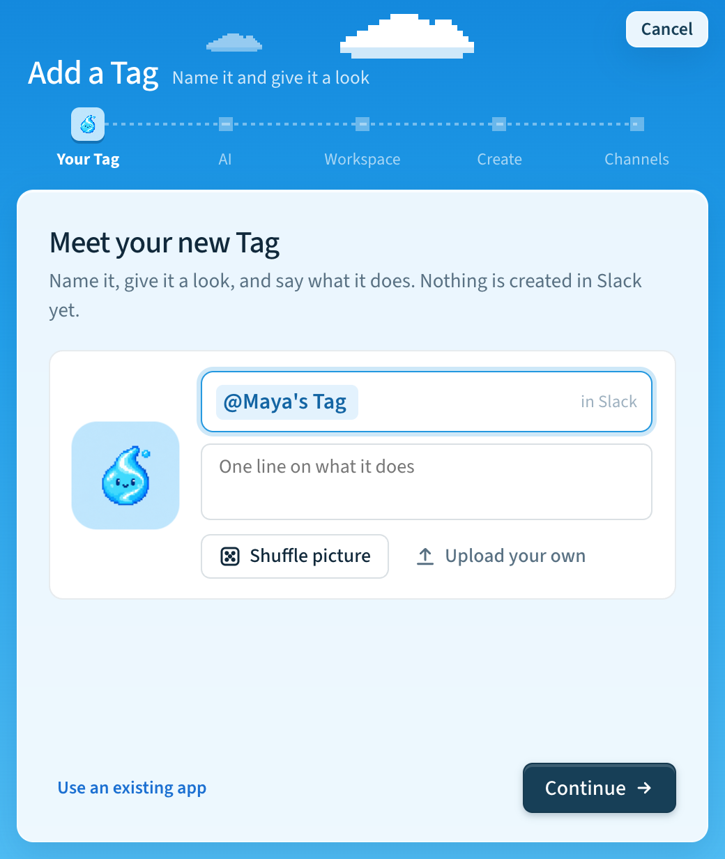 Add a Tag, first step: the @mention name, a one-line description, and a picture to shuffle or upload