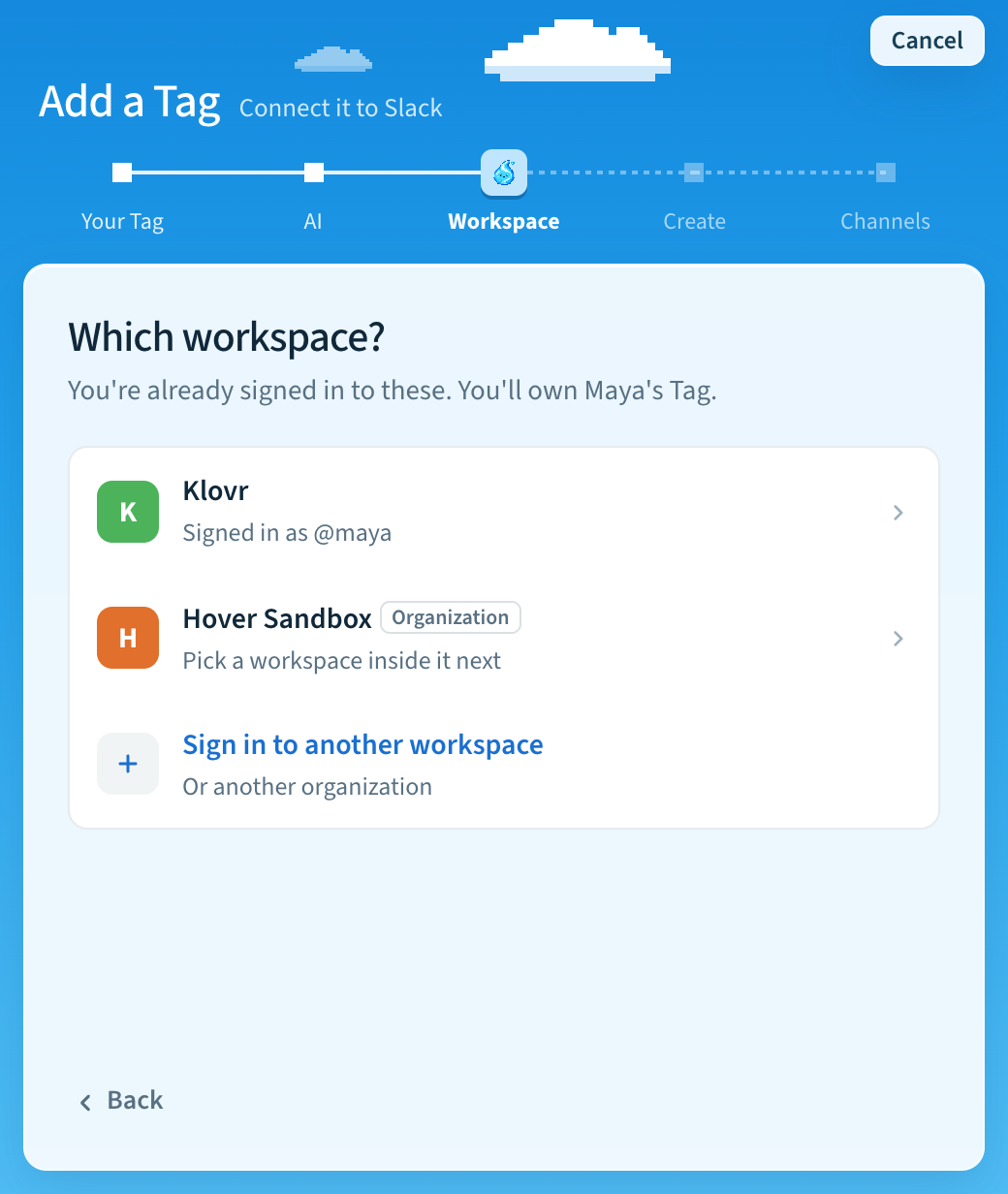 Which workspace? A signed-in workspace, an organization marked Organization with Pick a workspace inside it next, and Sign in to another workspace