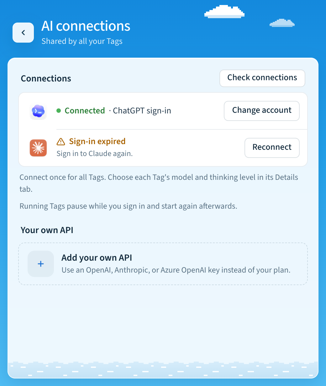 The AI connections screen: Codex connected with a ChatGPT sign-in, Claude's sign-in expired with Reconnect, Check connections, and Add your own API