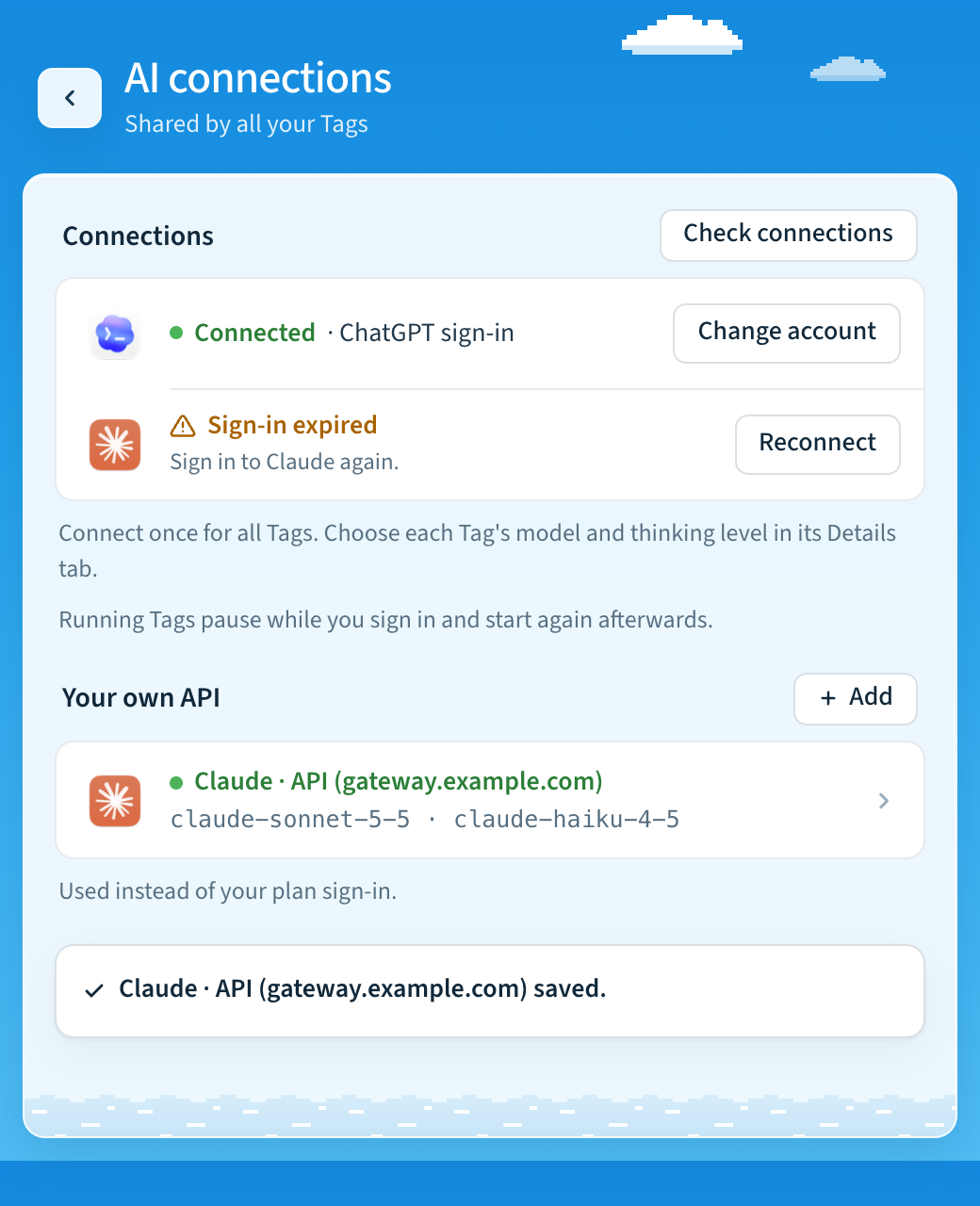 AI connections with Your own API: a Claude API on gateway.example.com and its models