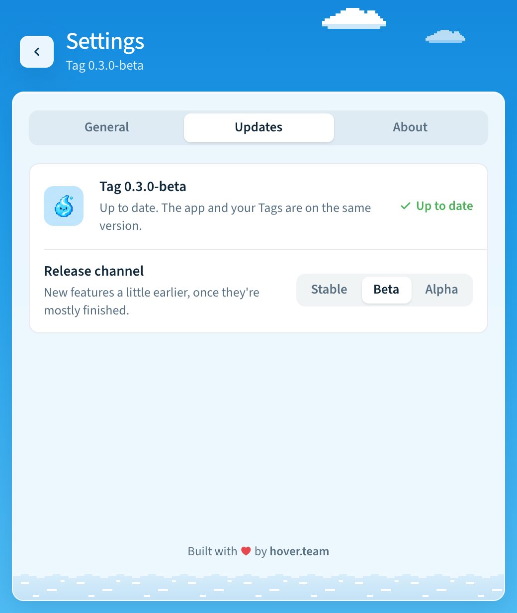 Settings, Updates tab: Update Tag and the release channel (Stable, Beta, or Alpha)