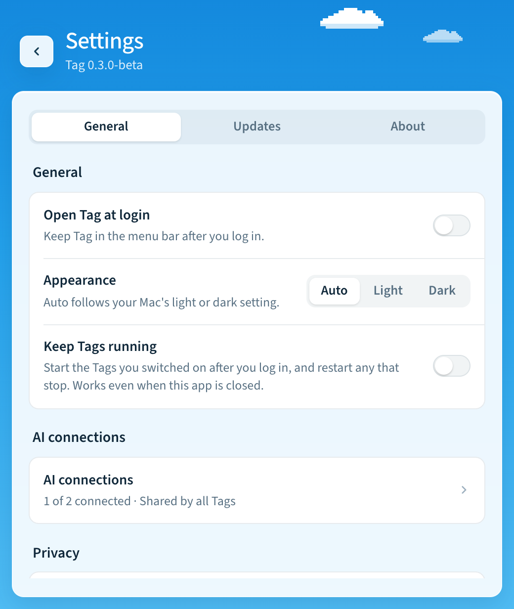 Settings, General tab: Open Tag at login, Appearance, Keep Tags running, AI connections, and usage data