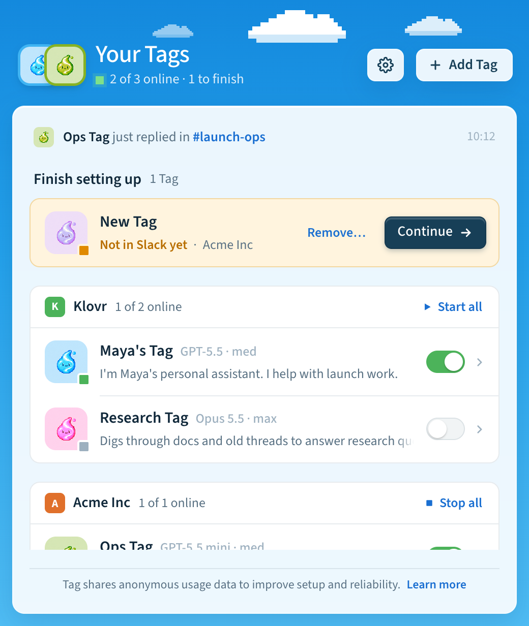Home with the note: Tag shares anonymous usage data to improve setup and reliability, and Learn more